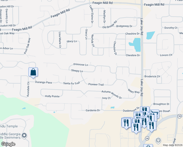 map of restaurants, bars, coffee shops, grocery stores, and more near 309 Sleepy Lane in Warner Robins