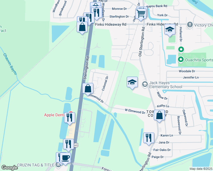 map of restaurants, bars, coffee shops, grocery stores, and more near 24 Colonial Drive in Monroe