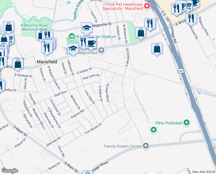 map of restaurants, bars, coffee shops, grocery stores, and more near 323 Queens Court South in Mansfield