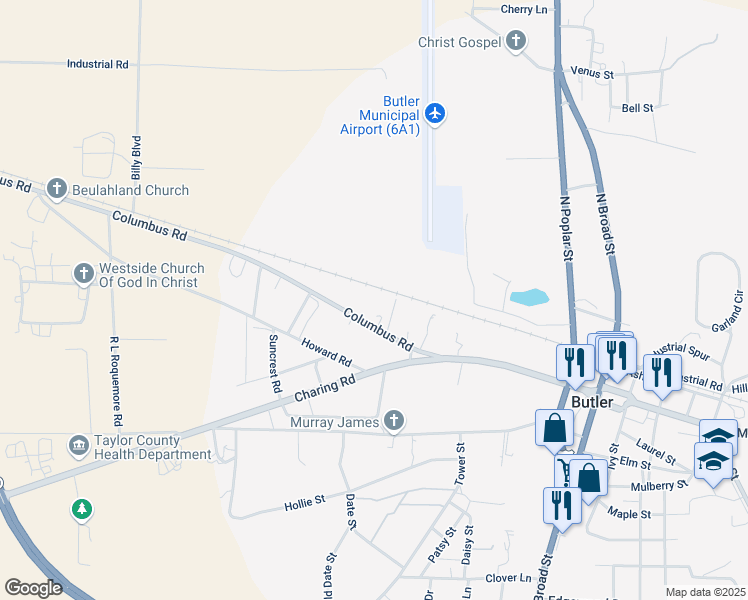 map of restaurants, bars, coffee shops, grocery stores, and more near 36 Columbus Road in Butler