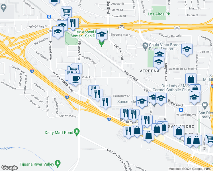 map of restaurants, bars, coffee shops, grocery stores, and more near 1918 Corte Amalia in San Diego