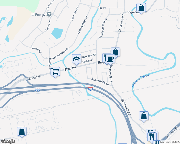 map of restaurants, bars, coffee shops, grocery stores, and more near 6020 Sandalwood Drive in Bossier City