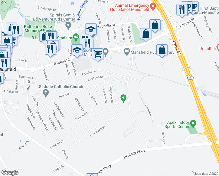 map of restaurants, bars, coffee shops, grocery stores, and more near 400 Kings Way Drive in Mansfield