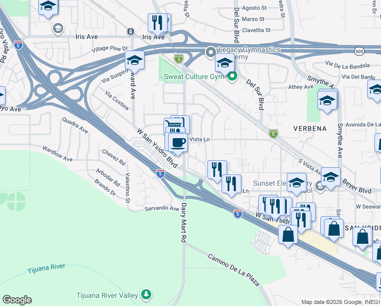 map of restaurants, bars, coffee shops, grocery stores, and more near 879 West San Ysidro Boulevard in San Diego