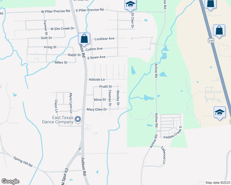 map of restaurants, bars, coffee shops, grocery stores, and more near 4111 Wesley Street in Longview