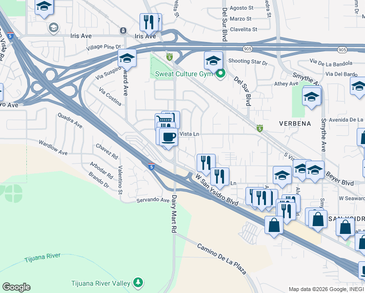 map of restaurants, bars, coffee shops, grocery stores, and more near 879 West San Ysidro Boulevard in San Diego