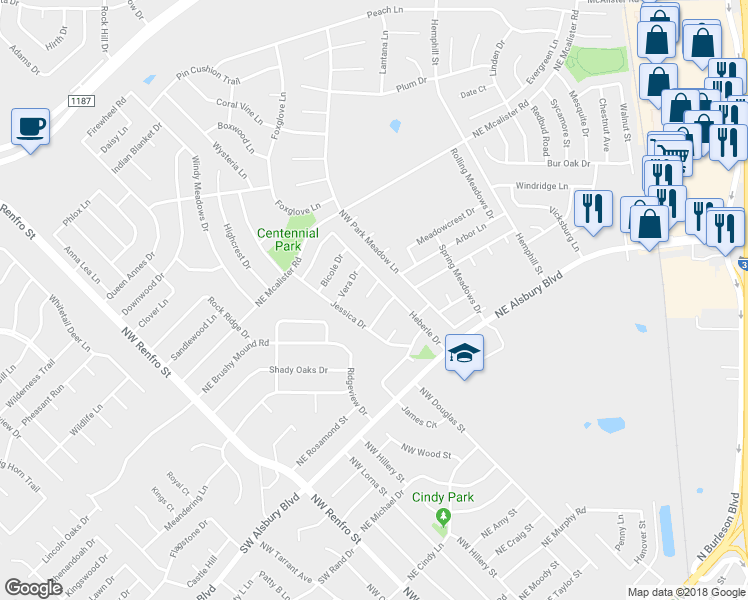 map of restaurants, bars, coffee shops, grocery stores, and more near 312 Faith Court in Burleson