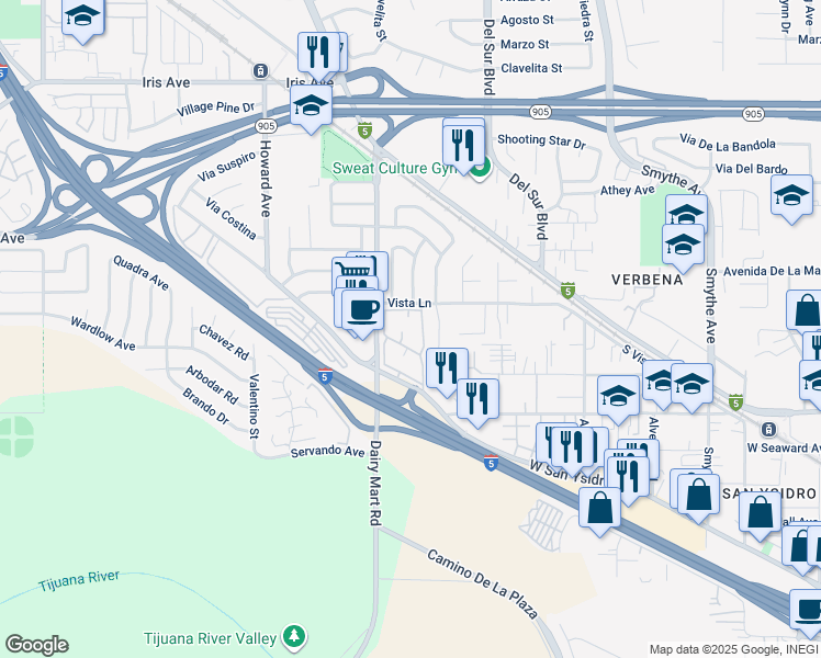 map of restaurants, bars, coffee shops, grocery stores, and more near 879 West San Ysidro Boulevard in San Diego