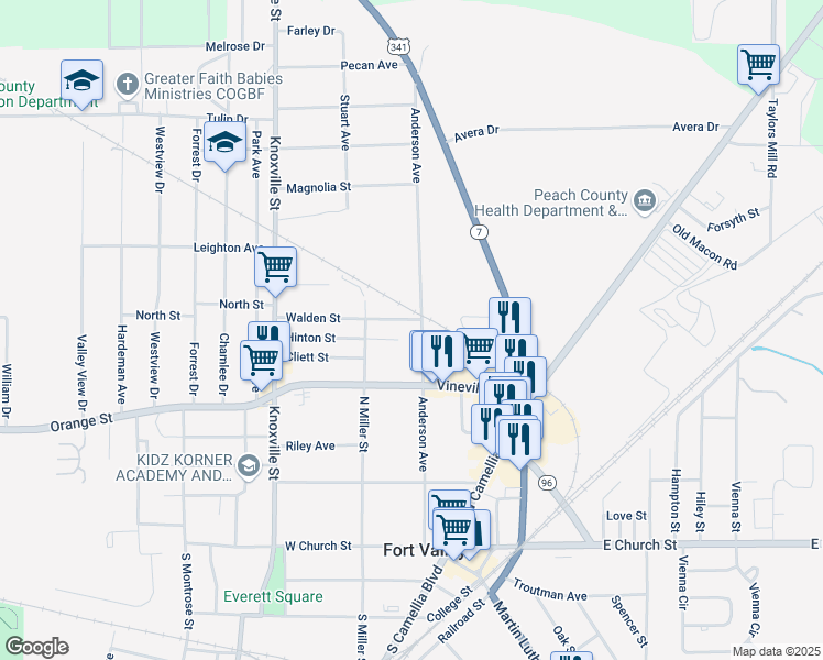 map of restaurants, bars, coffee shops, grocery stores, and more near 411 Anderson Avenue in Fort Valley