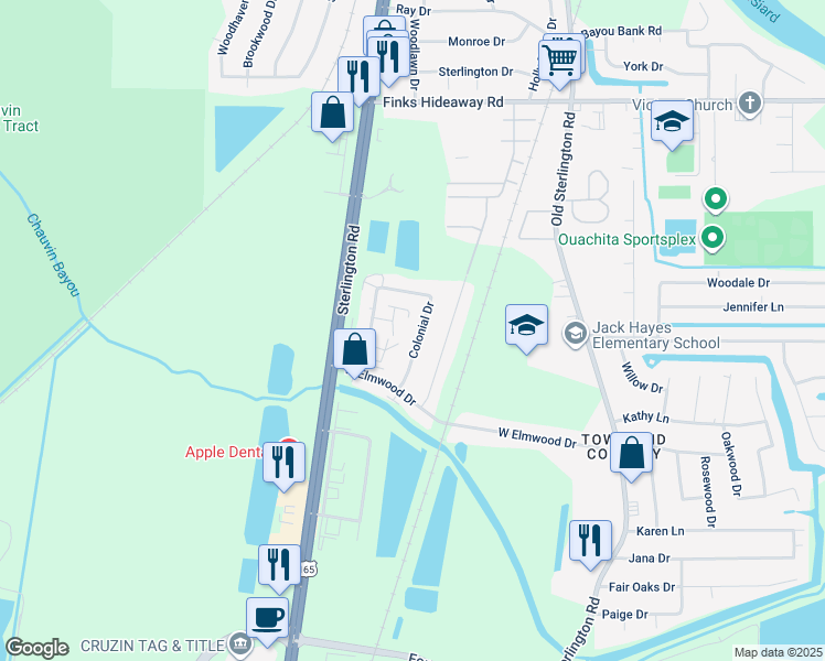 map of restaurants, bars, coffee shops, grocery stores, and more near 103 Elmhurst Circle in Monroe