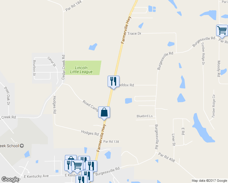 map of restaurants, bars, coffee shops, grocery stores, and more near 2460 Farmerville Highway in Ruston