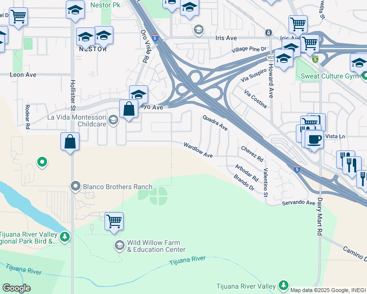 map of restaurants, bars, coffee shops, grocery stores, and more near 2745 Wardlow Avenue in San Diego