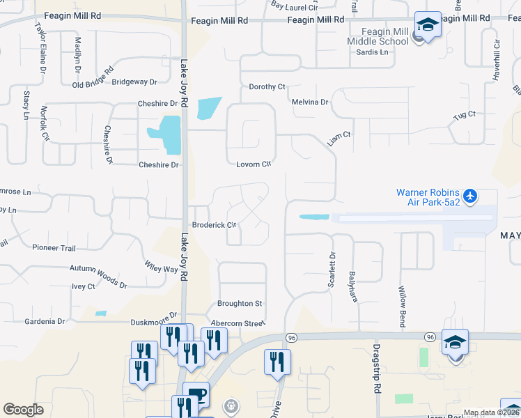 map of restaurants, bars, coffee shops, grocery stores, and more near 200 Peyton Ray Lane in Warner Robins