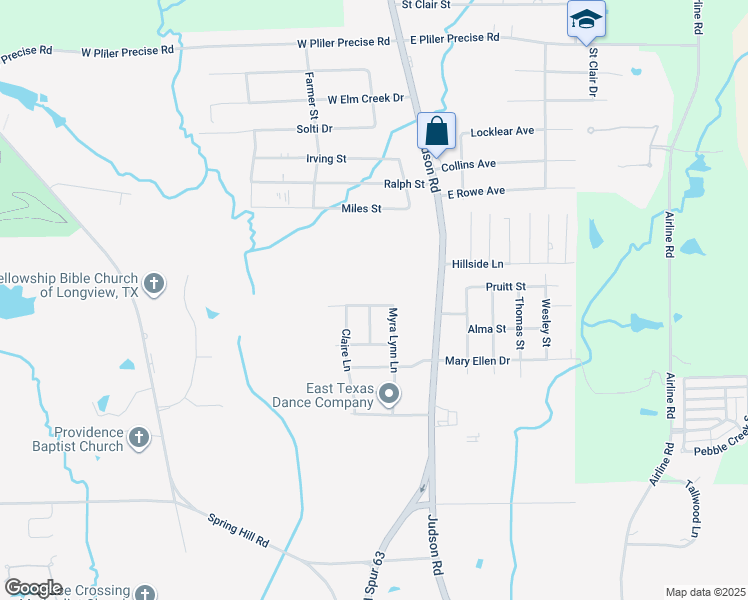 map of restaurants, bars, coffee shops, grocery stores, and more near 306 Cordoba Trail in Longview