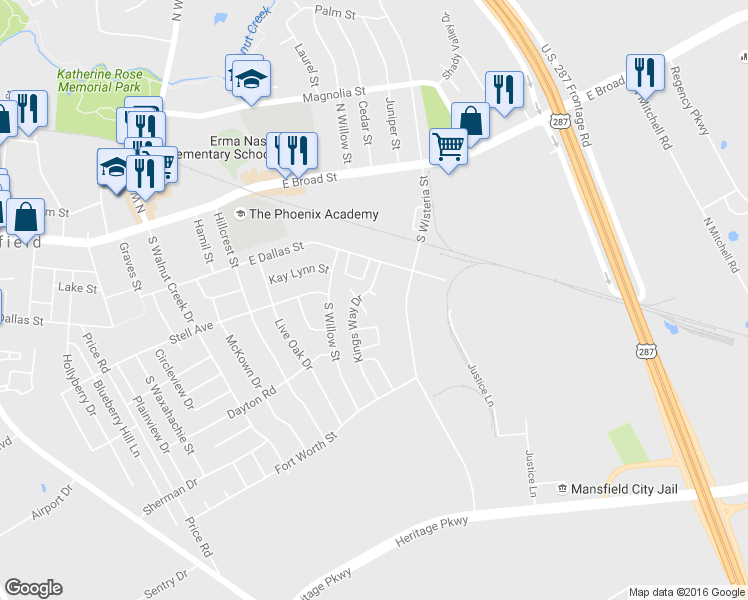 map of restaurants, bars, coffee shops, grocery stores, and more near 468 South Wisteria Street in Mansfield