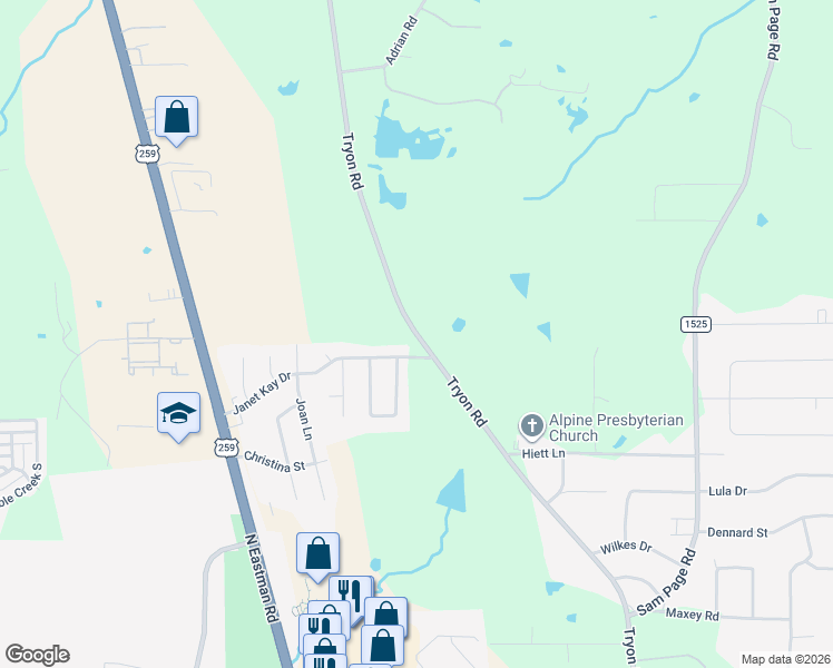 map of restaurants, bars, coffee shops, grocery stores, and more near Tryon Road in Longview