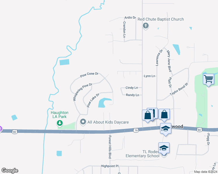 map of restaurants, bars, coffee shops, grocery stores, and more near 502 Pine Cone Drive in Haughton