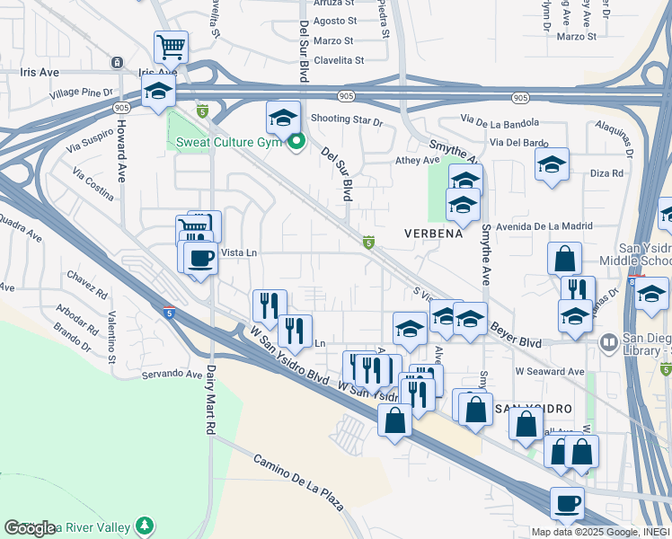 map of restaurants, bars, coffee shops, grocery stores, and more near 3509 Vista Lane in San Diego
