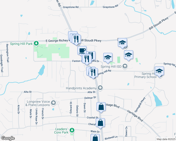 map of restaurants, bars, coffee shops, grocery stores, and more near in Longview