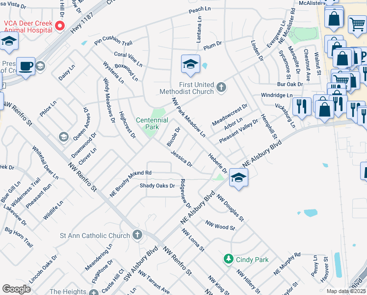 map of restaurants, bars, coffee shops, grocery stores, and more near 925 Jessica Drive in Burleson