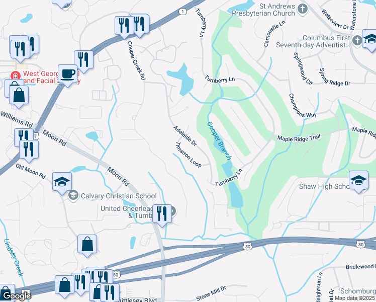 map of restaurants, bars, coffee shops, grocery stores, and more near 4729 Timarron Loop in Columbus