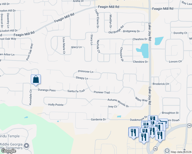 map of restaurants, bars, coffee shops, grocery stores, and more near 309 Sleepy Lane in Warner Robins