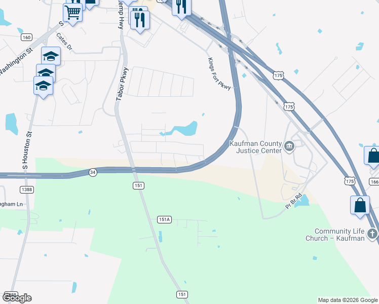 map of restaurants, bars, coffee shops, grocery stores, and more near 4104 Texas 34 in Kaufman