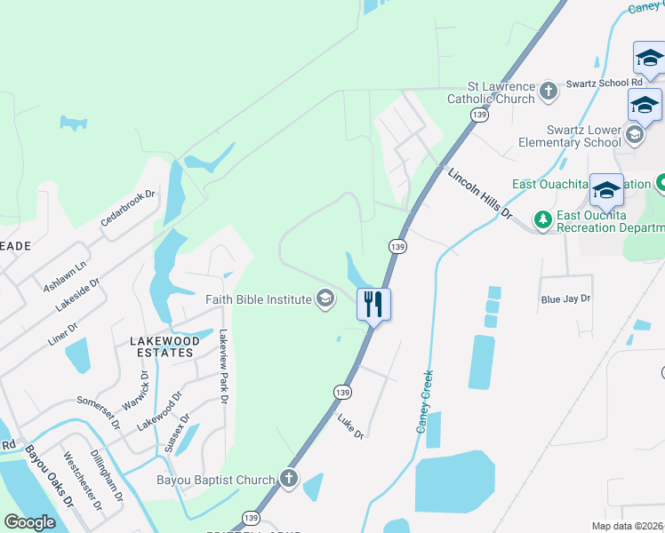 map of restaurants, bars, coffee shops, grocery stores, and more near 1259 Louisiana 139 in Monroe