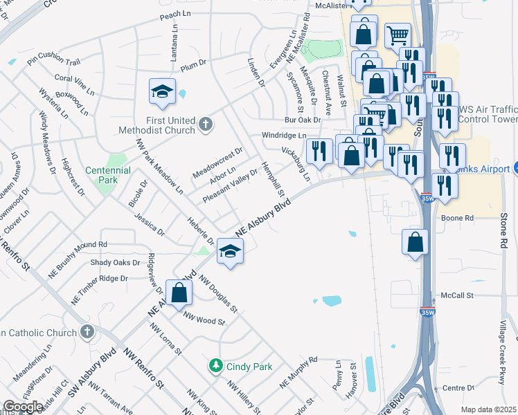 map of restaurants, bars, coffee shops, grocery stores, and more near 611 Northeast Alsbury Boulevard in Burleson