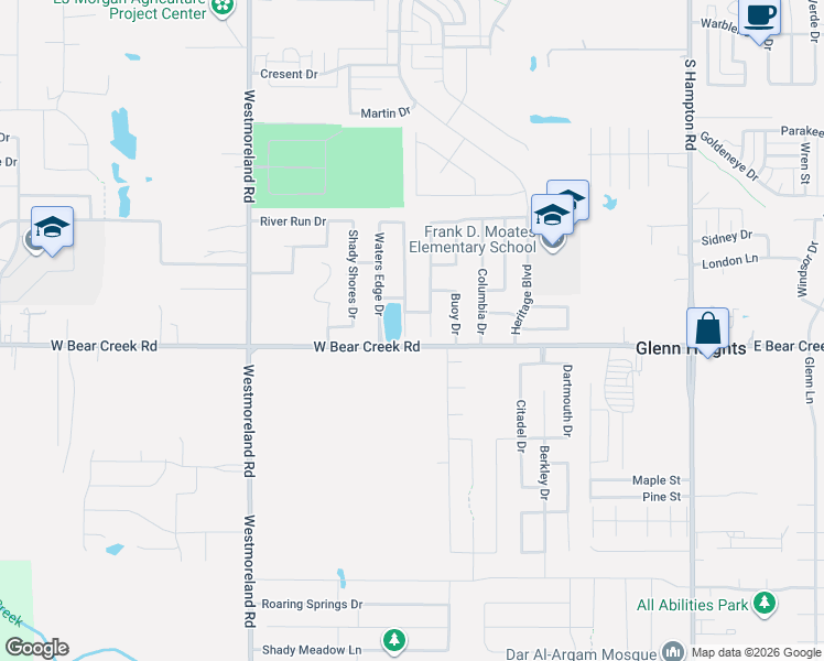 map of restaurants, bars, coffee shops, grocery stores, and more near 1606 Wavecrest Drive in Glenn Heights