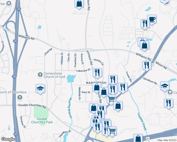map of restaurants, bars, coffee shops, grocery stores, and more near 2808 Lakeview Drive in Columbus