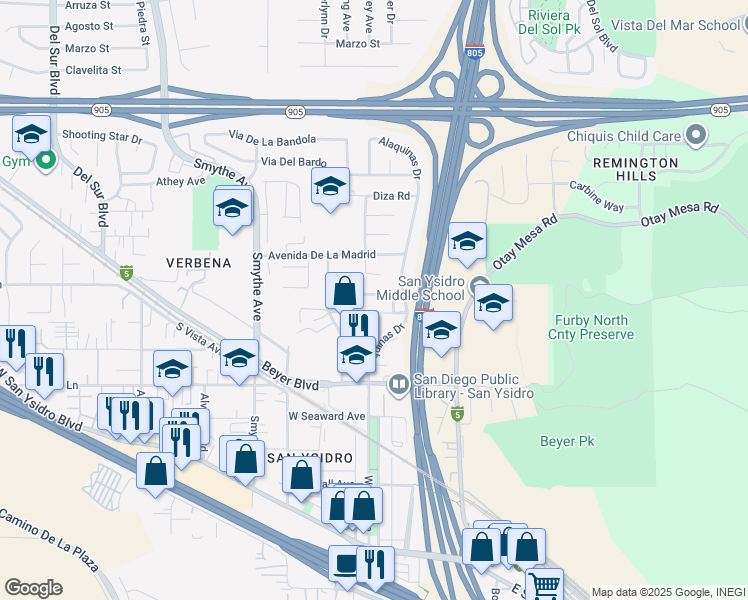 map of restaurants, bars, coffee shops, grocery stores, and more near 153 Padre Tullio Drive in San Diego