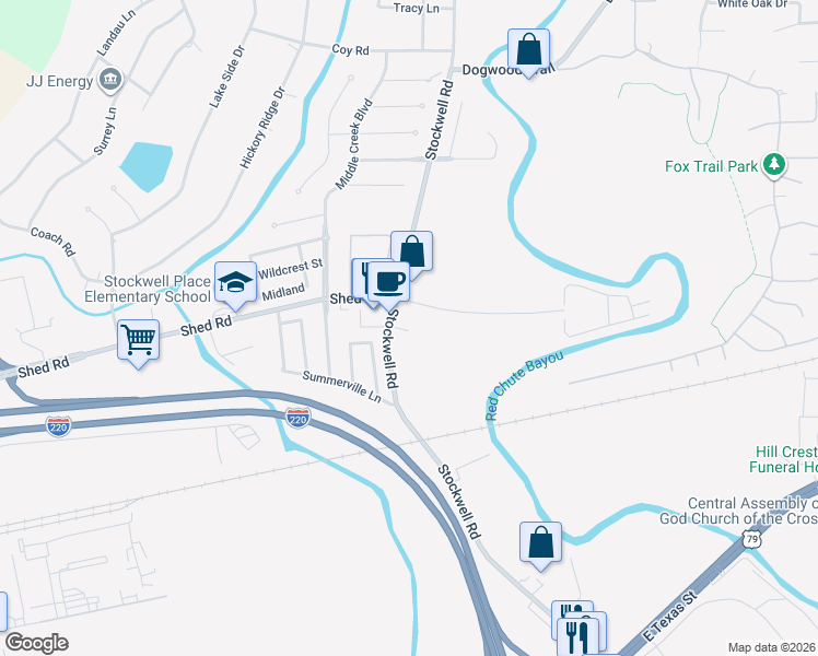 map of restaurants, bars, coffee shops, grocery stores, and more near 2090 Stockwell Road in Bossier City