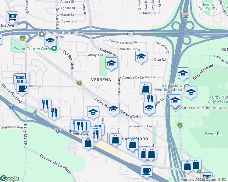 map of restaurants, bars, coffee shops, grocery stores, and more near 1874 Paseo Fraternidad in San Diego