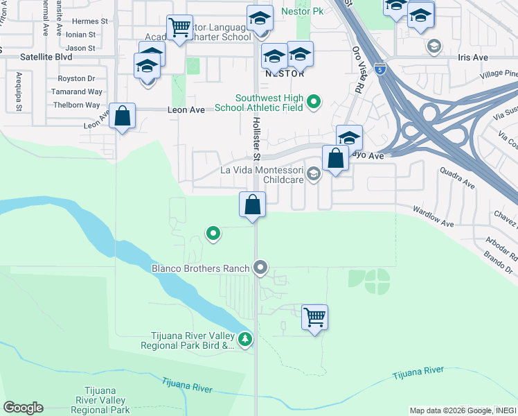 map of restaurants, bars, coffee shops, grocery stores, and more near 2364 Biola Avenue in San Diego