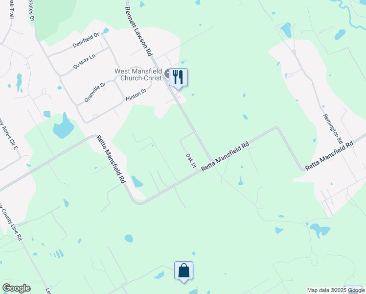map of restaurants, bars, coffee shops, grocery stores, and more near 7709 Oak Drive in Mansfield