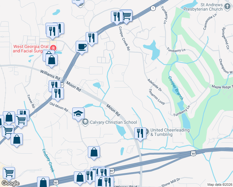 map of restaurants, bars, coffee shops, grocery stores, and more near 7865 Cooper Creek Road in Columbus