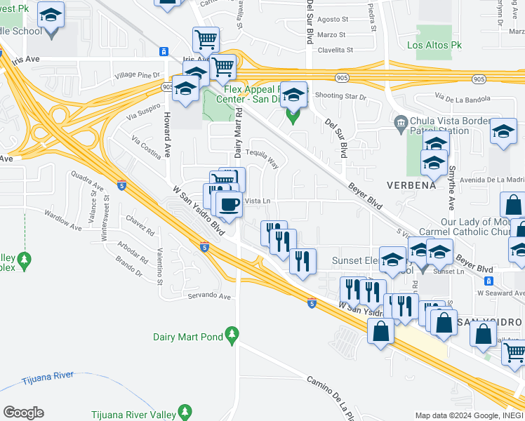 map of restaurants, bars, coffee shops, grocery stores, and more near 2009 Dairy Mart Road in San Diego