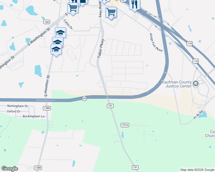 map of restaurants, bars, coffee shops, grocery stores, and more near 4027 Three Forks Road in Kaufman