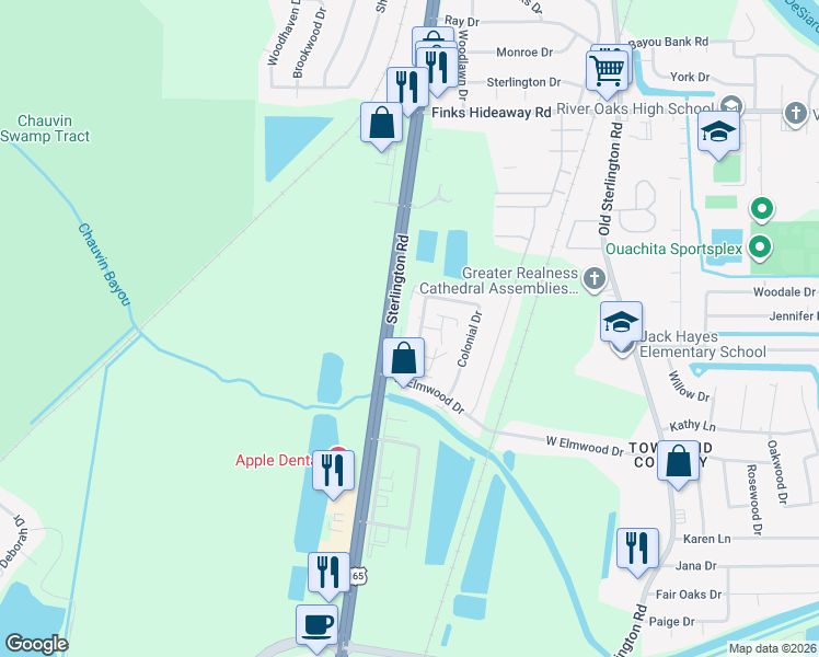 map of restaurants, bars, coffee shops, grocery stores, and more near 70 Colonial Drive in Monroe
