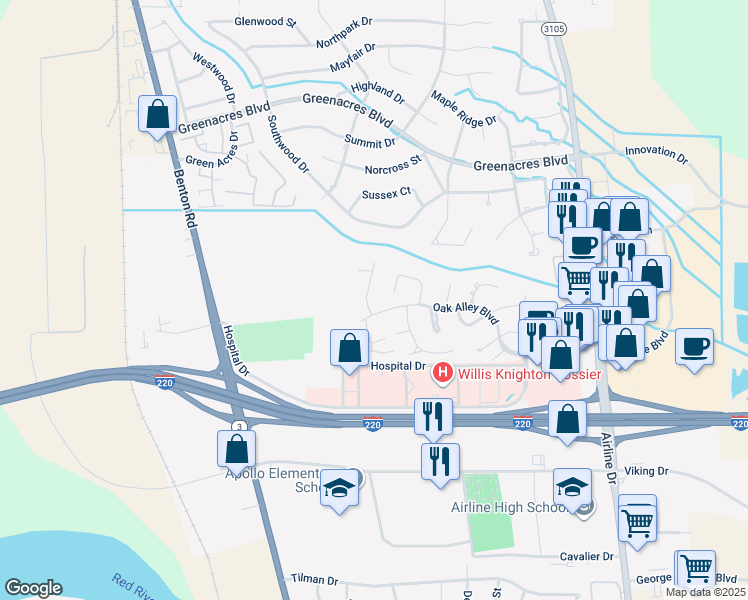map of restaurants, bars, coffee shops, grocery stores, and more near 225 Evangeline Walk in Bossier City