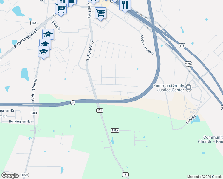 map of restaurants, bars, coffee shops, grocery stores, and more near 4027 Three Forks Road in Kaufman