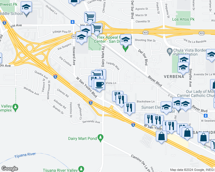 map of restaurants, bars, coffee shops, grocery stores, and more near 2007 Dairy Mart Road in San Diego