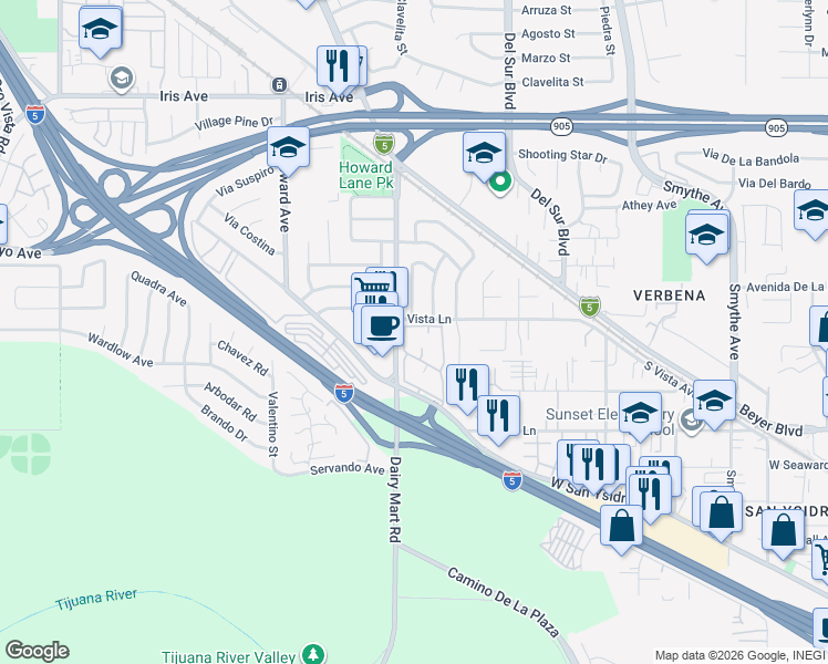 map of restaurants, bars, coffee shops, grocery stores, and more near 2007 Dairy Mart Road in San Diego