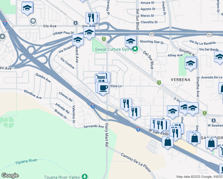 map of restaurants, bars, coffee shops, grocery stores, and more near 2007 Dairy Mart Road in San Diego