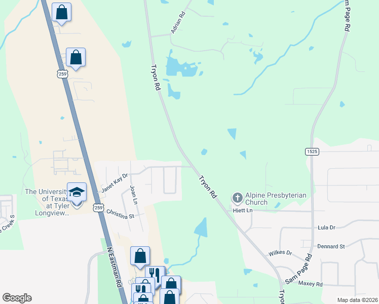 map of restaurants, bars, coffee shops, grocery stores, and more near 4400-4502 Tryon Road in Longview