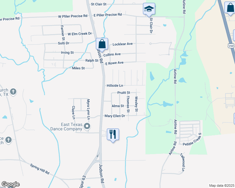 map of restaurants, bars, coffee shops, grocery stores, and more near 301 Pruitt St in Longview