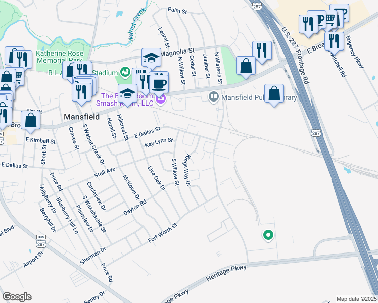map of restaurants, bars, coffee shops, grocery stores, and more near 1300 East Dallas Street in Mansfield