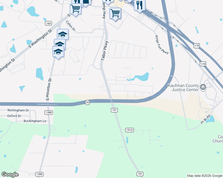 map of restaurants, bars, coffee shops, grocery stores, and more near 4027 Three Forks Road in Kaufman