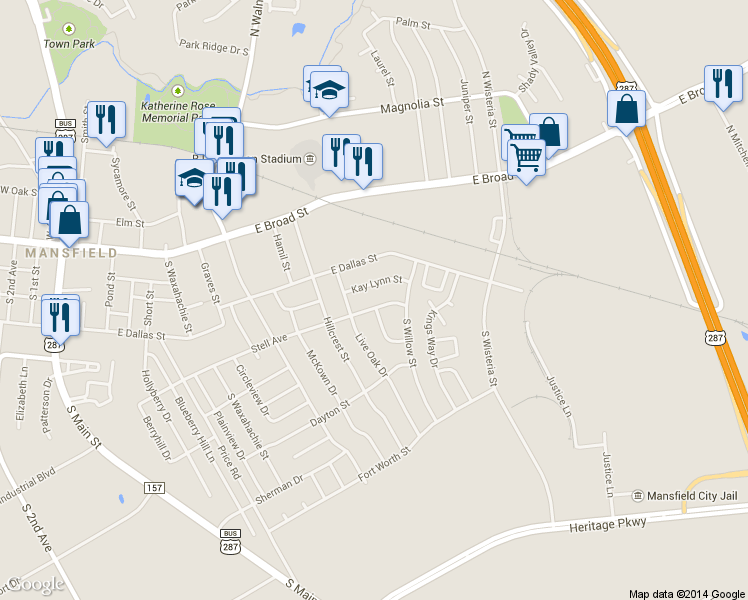 map of restaurants, bars, coffee shops, grocery stores, and more near 1018 Kay Lynn Street in Mansfield